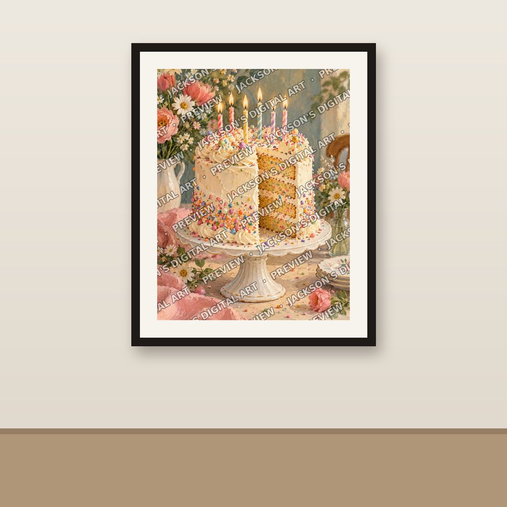 Birthday Cake shown framed on a wall