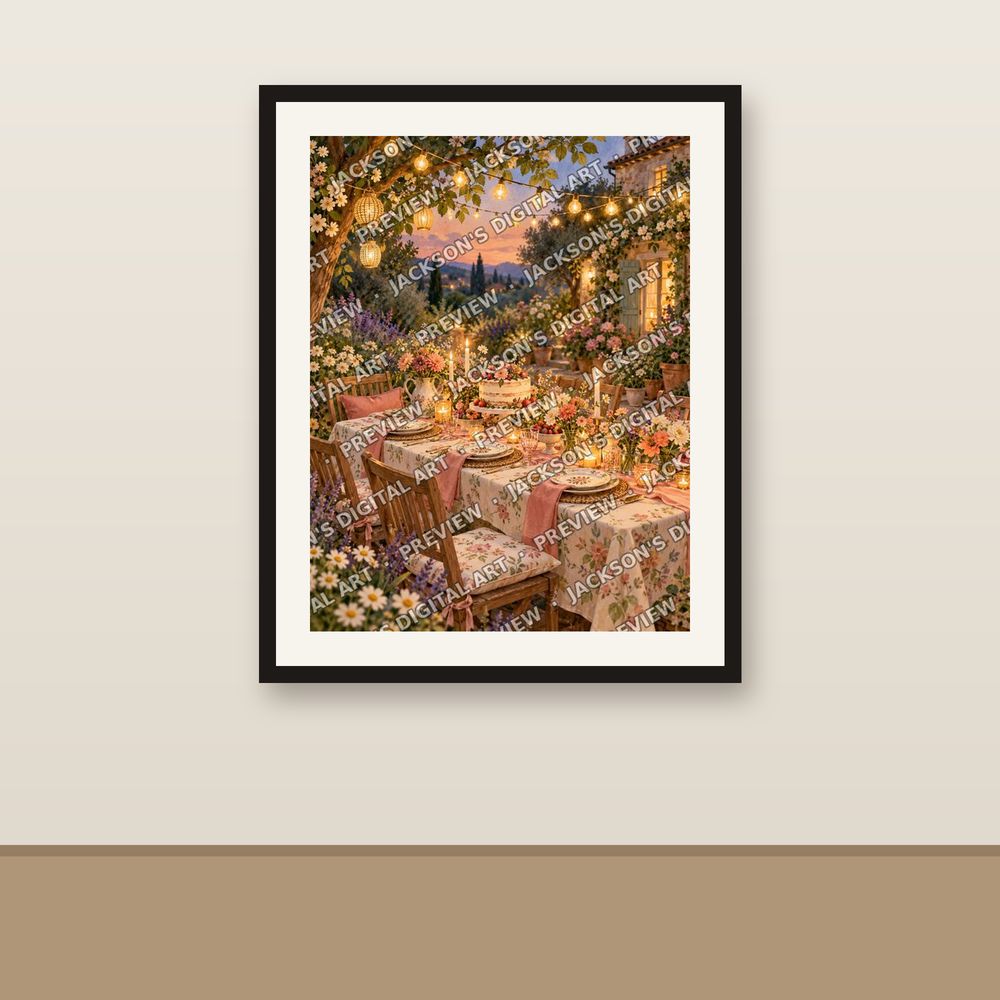 Garden Party shown framed on a wall