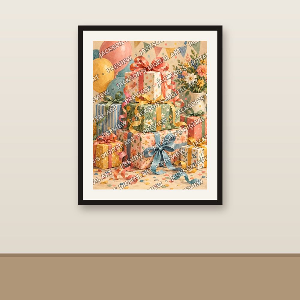 Wrapped Presents shown framed on a wall