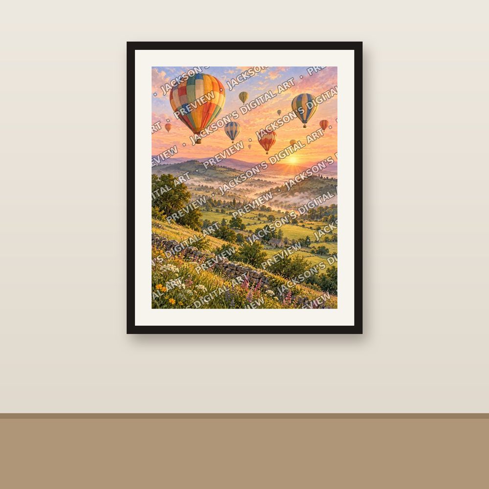 Hot Air Balloons shown framed on a wall