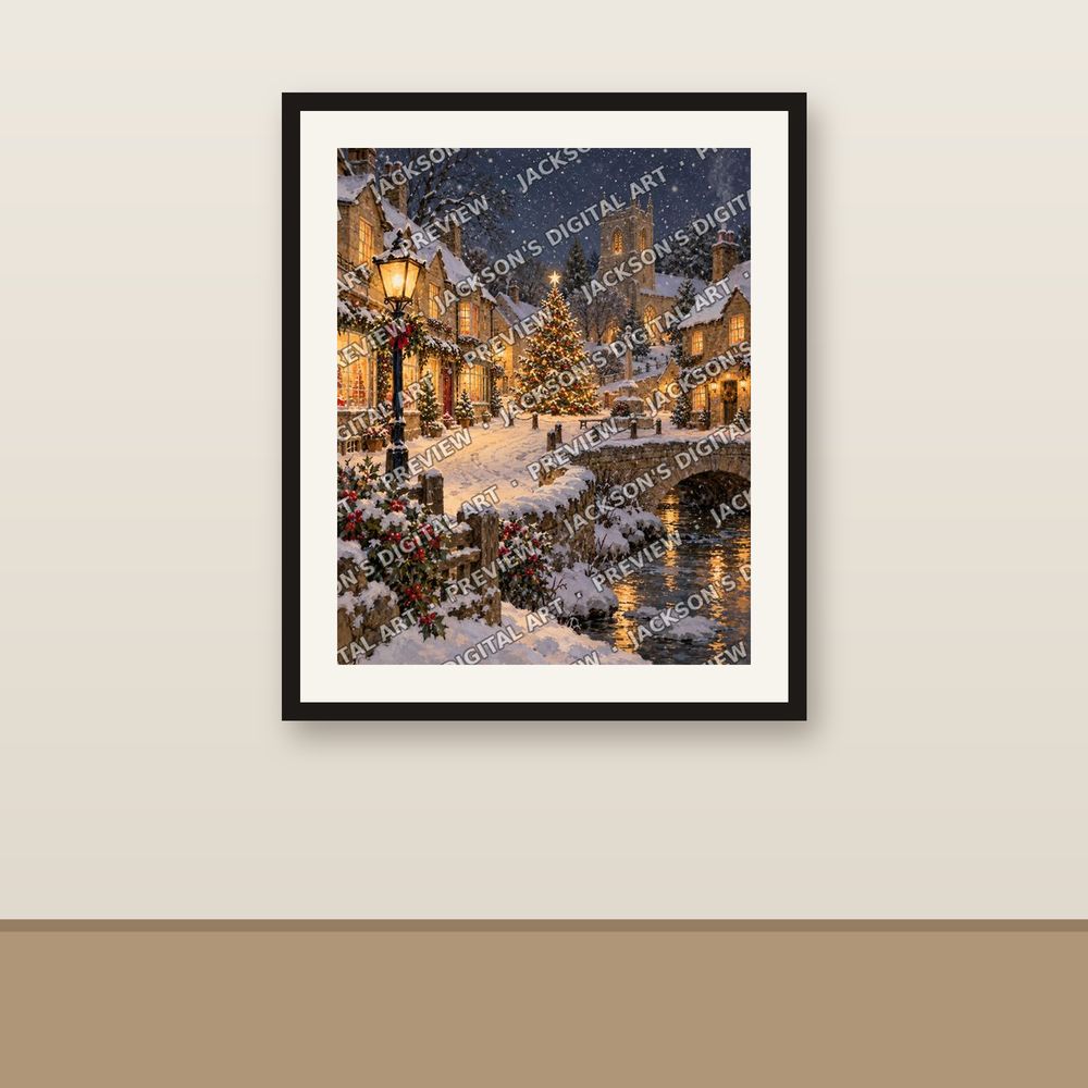 Snowy Village shown framed on a wall
