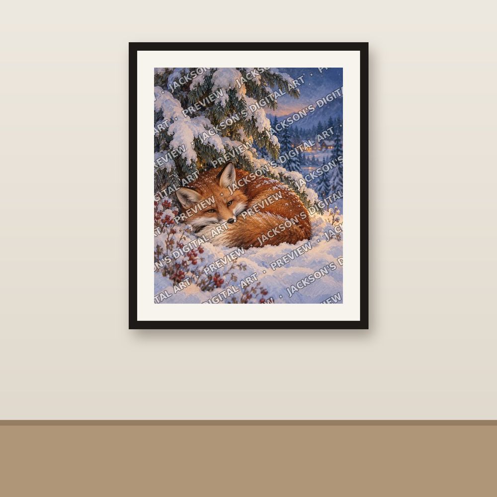 Winter Fox shown framed on a wall