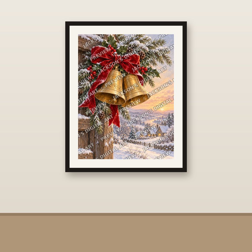 Christmas Bells shown framed on a wall