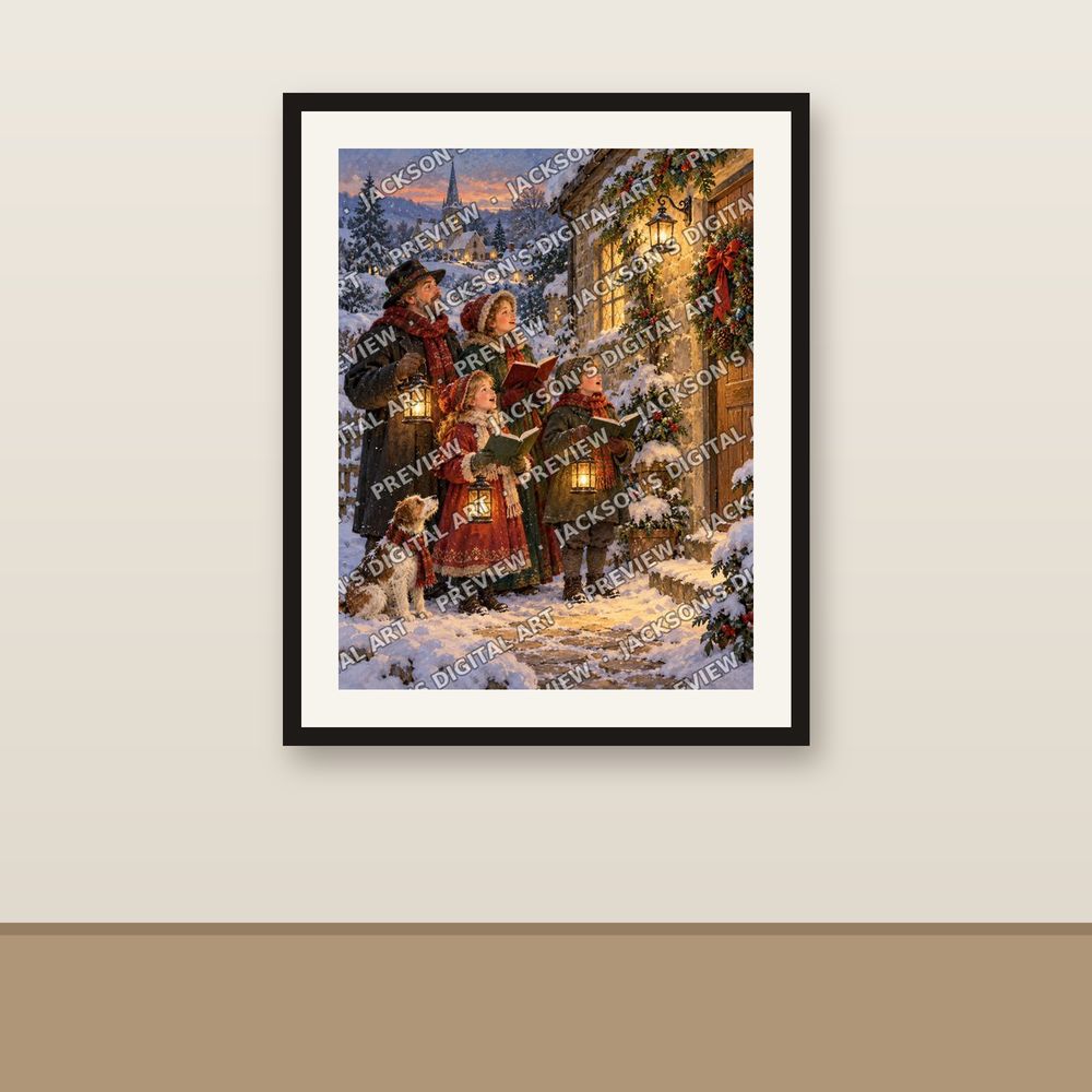Christmas Carolers shown framed on a wall