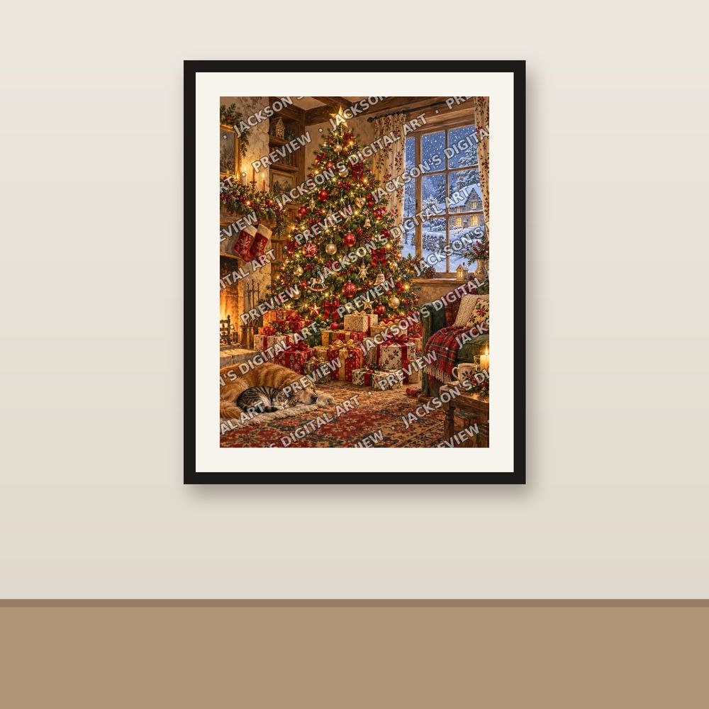 Christmas Tree and Presents shown framed on a wall