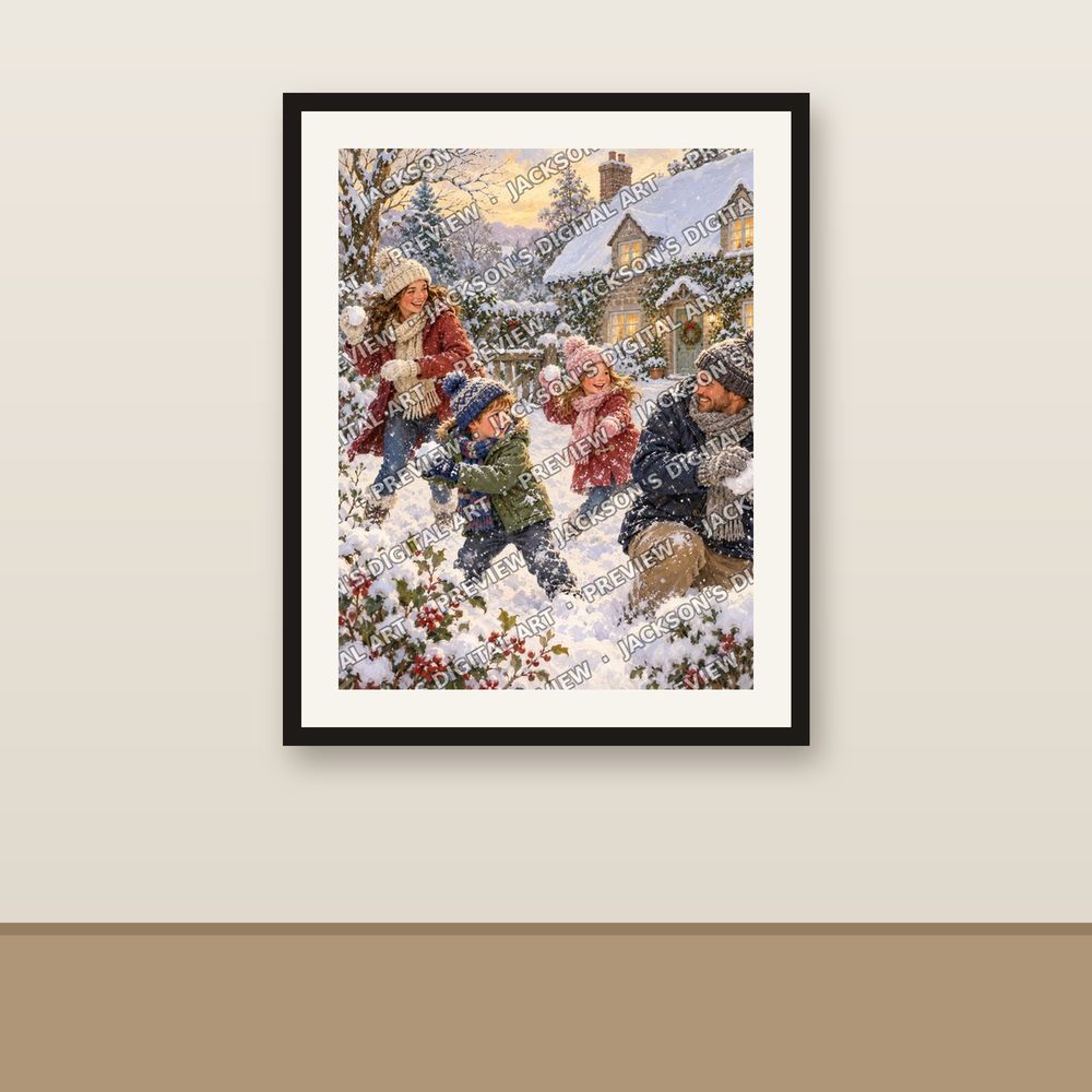 Family Snowball Fight shown framed on a wall