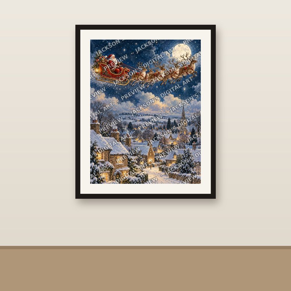 Reindeer Sleigh shown framed on a wall
