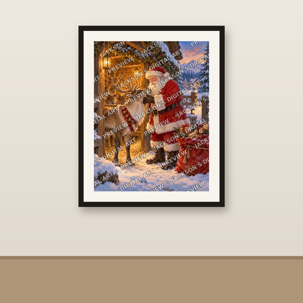 Santa and Reindeer shown framed on a wall