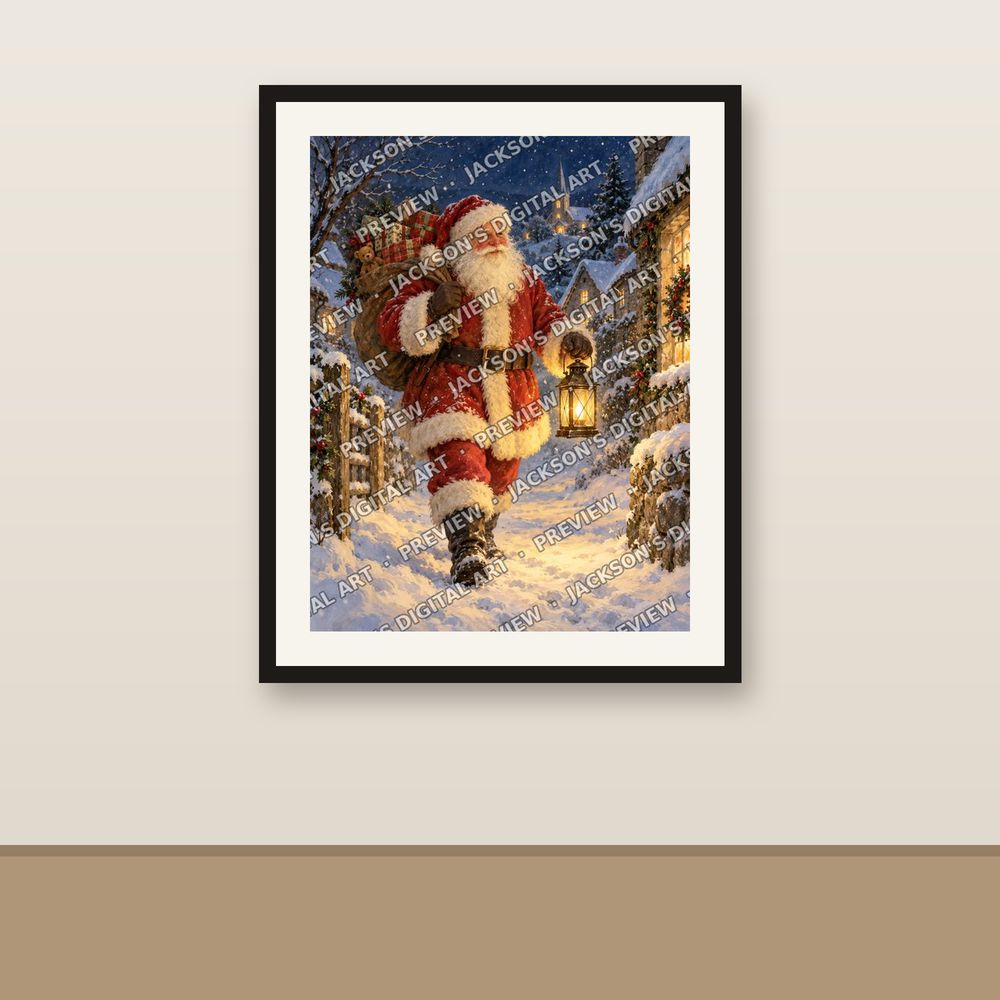 Santa in the Snow shown framed on a wall