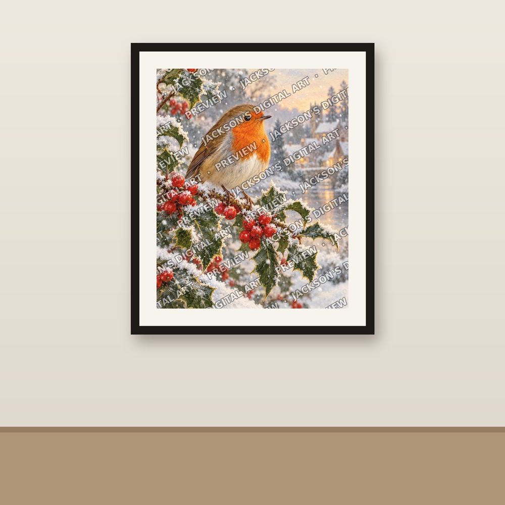 Robin on Holly shown framed on a wall