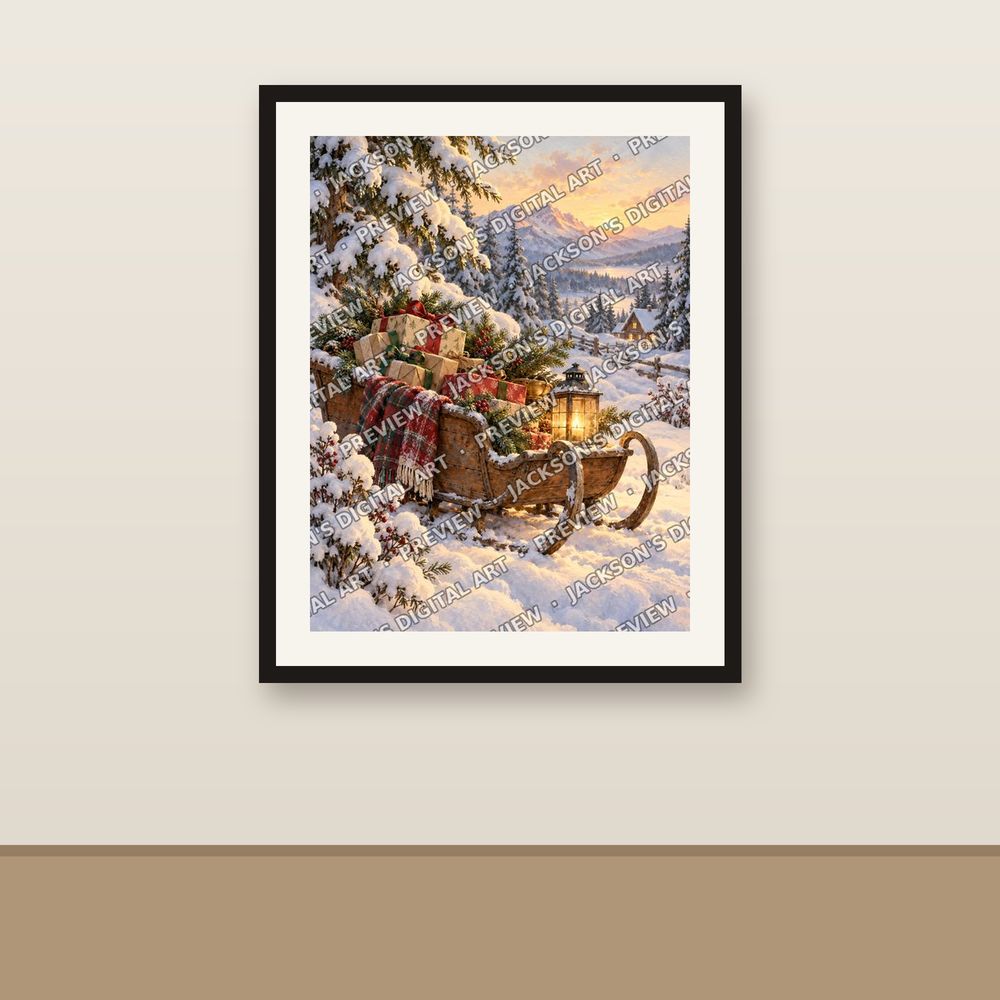 Sleigh in the Woods shown framed on a wall