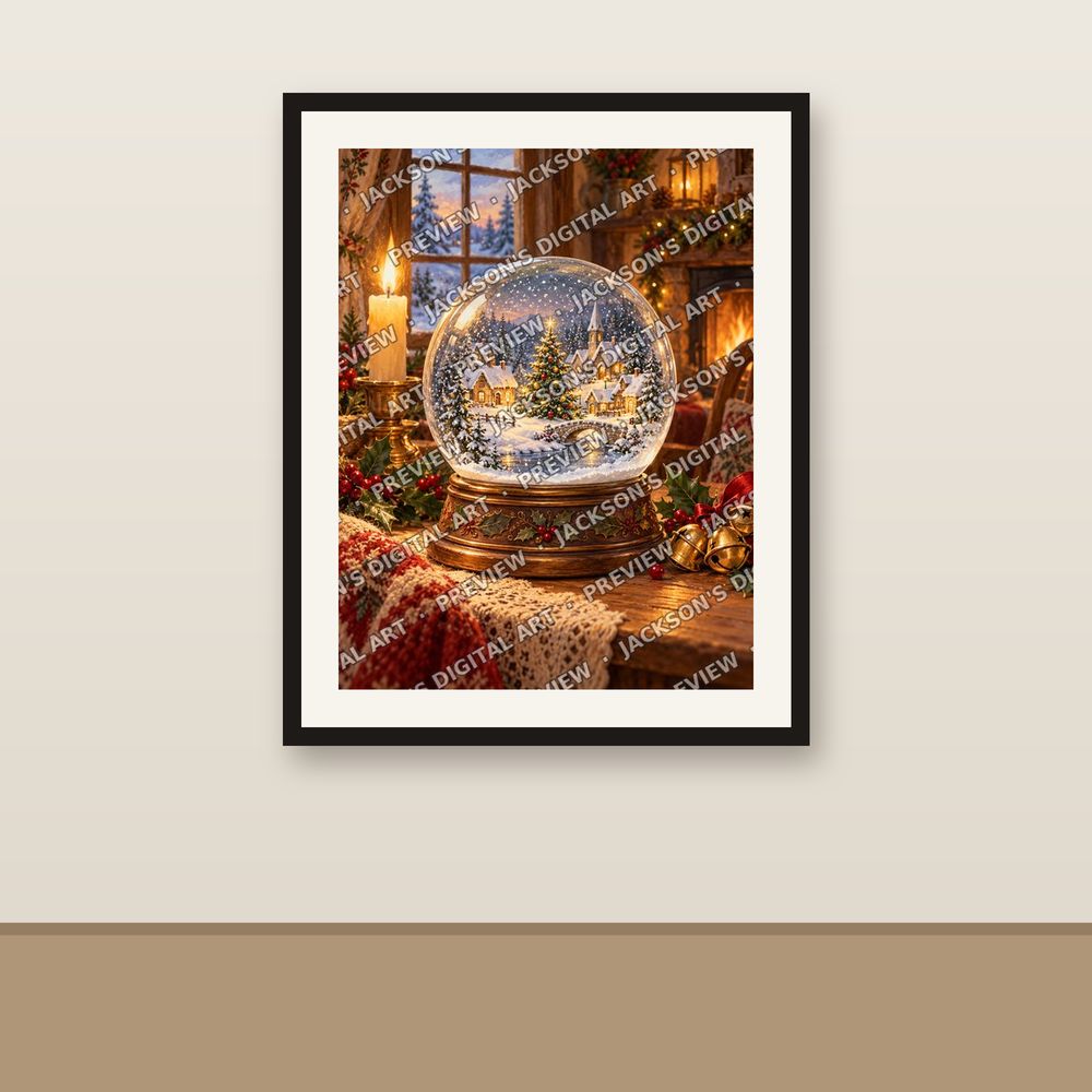 Christmas Snow Globe shown framed on a wall