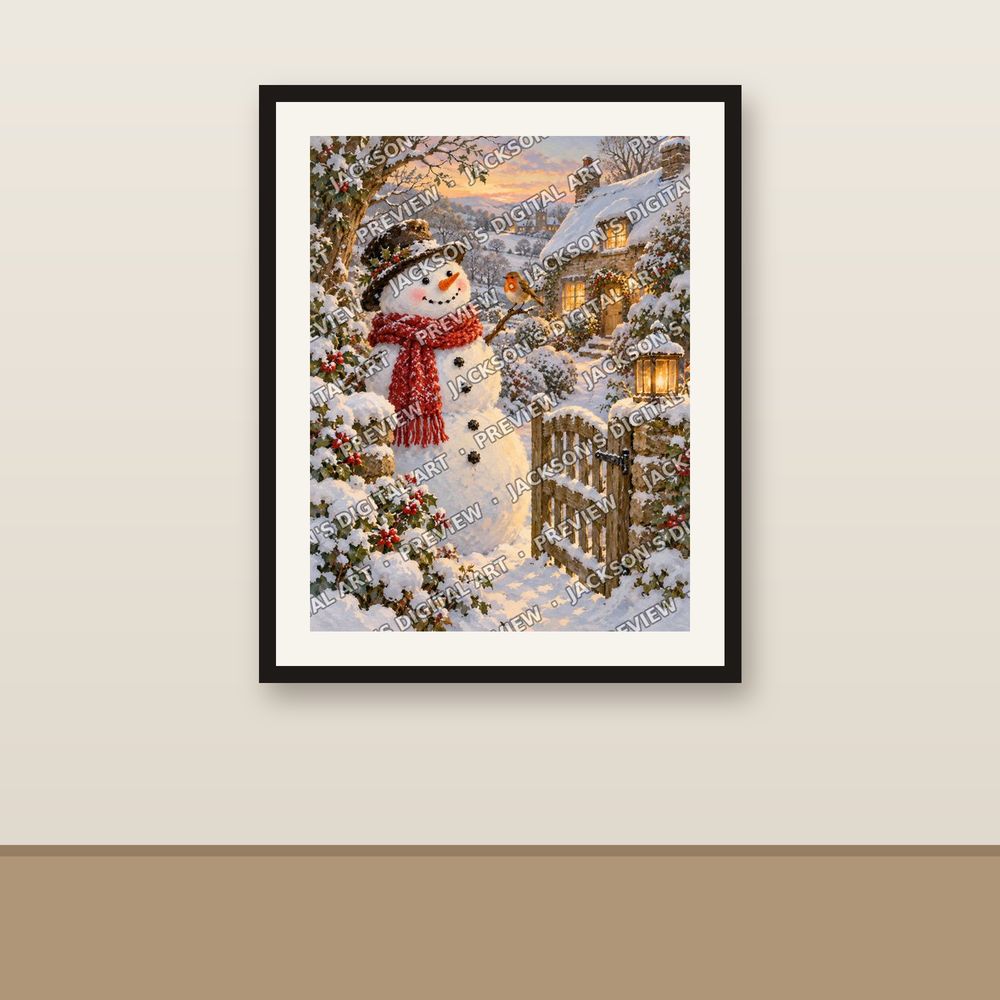 Snowman and Robin shown framed on a wall