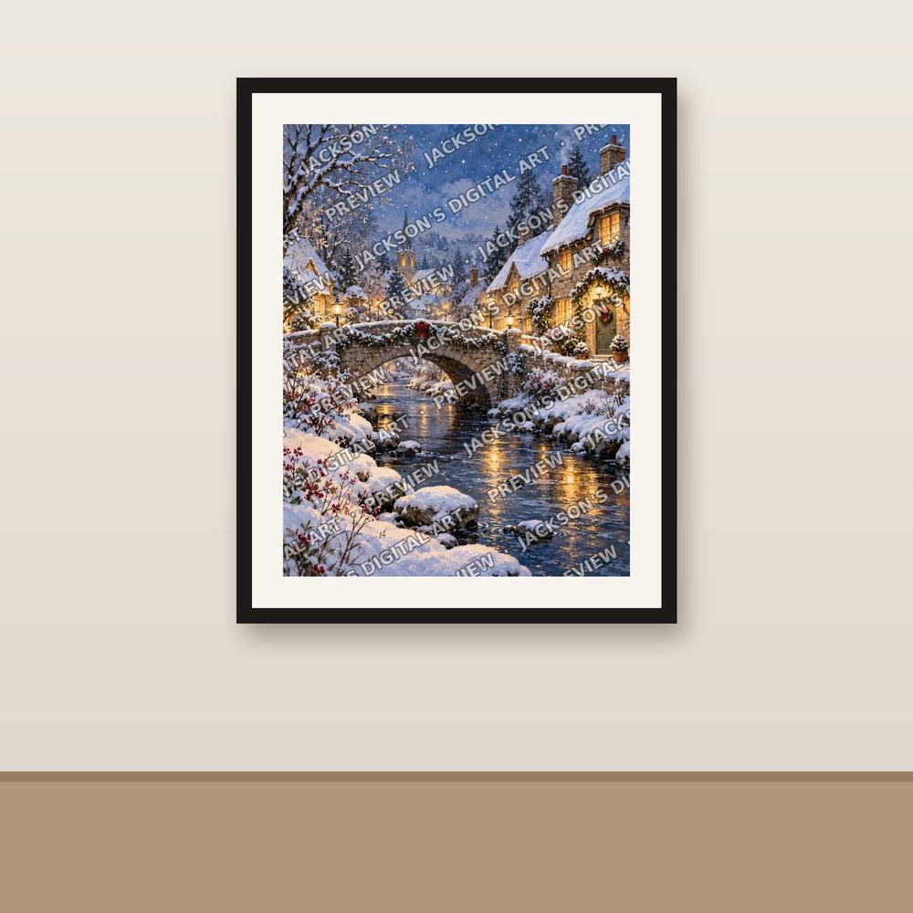 Snowy Stone Bridge shown framed on a wall