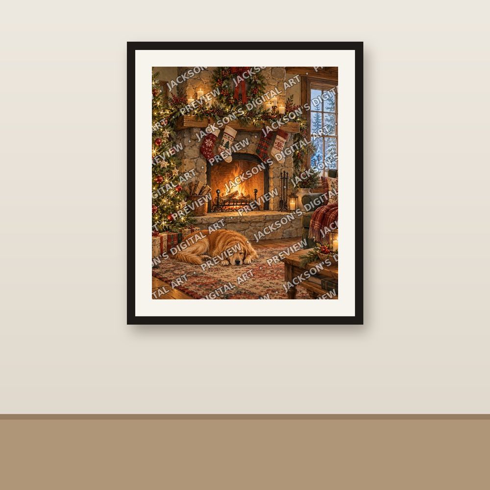 Fireside Stockings shown framed on a wall