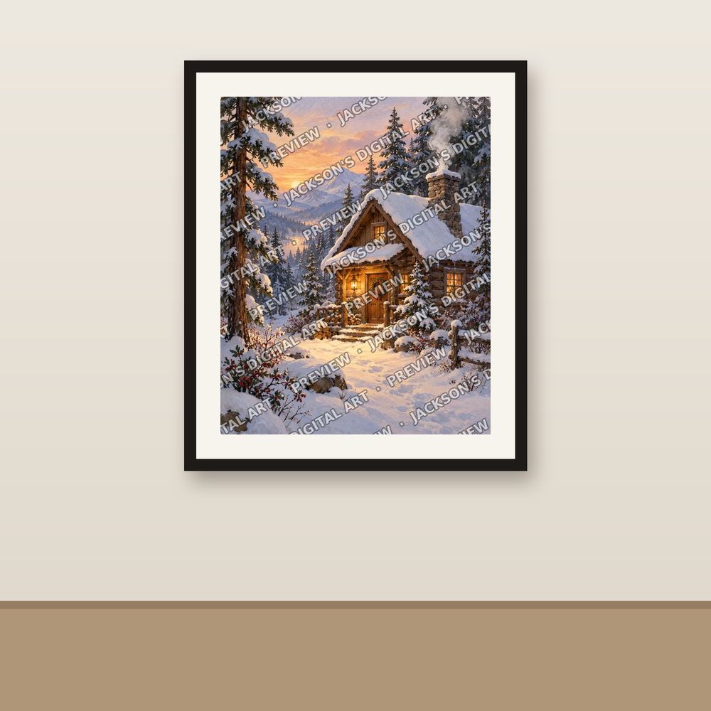 Woodland Cabin shown framed on a wall