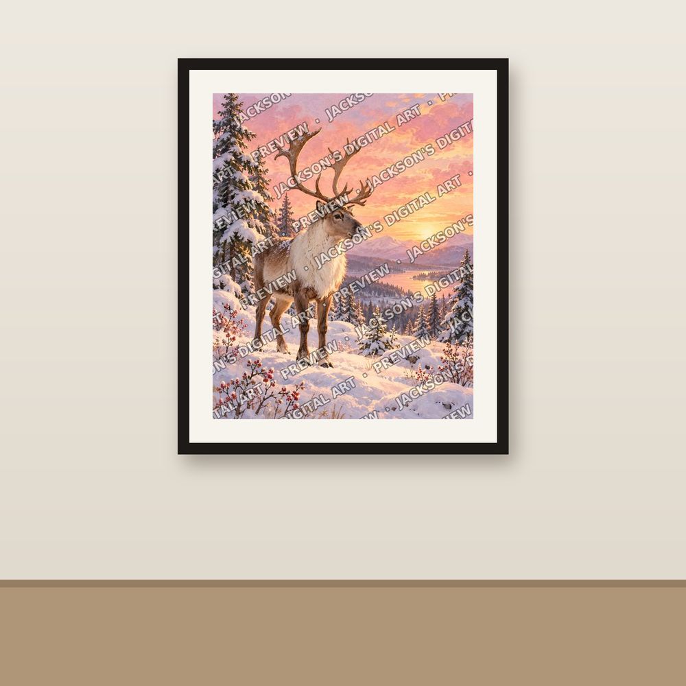 Reindeer at Dawn shown framed on a wall