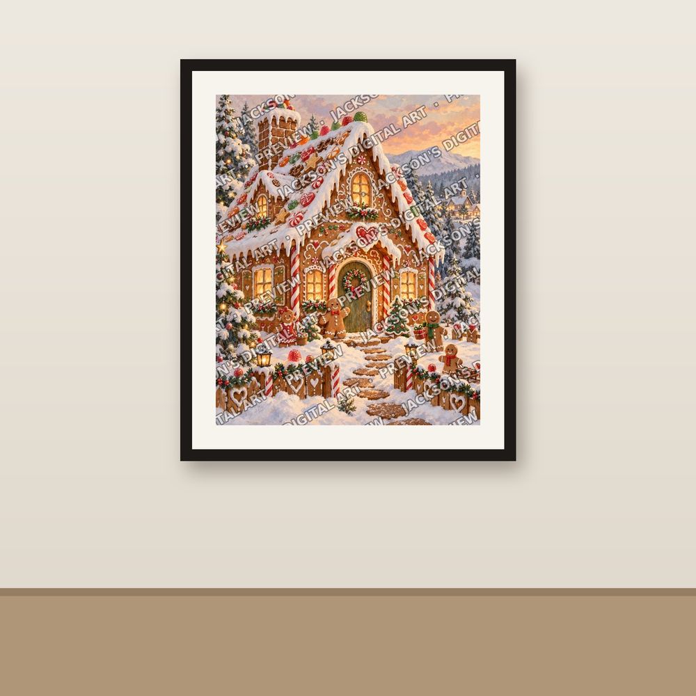 Gingerbread House shown framed on a wall