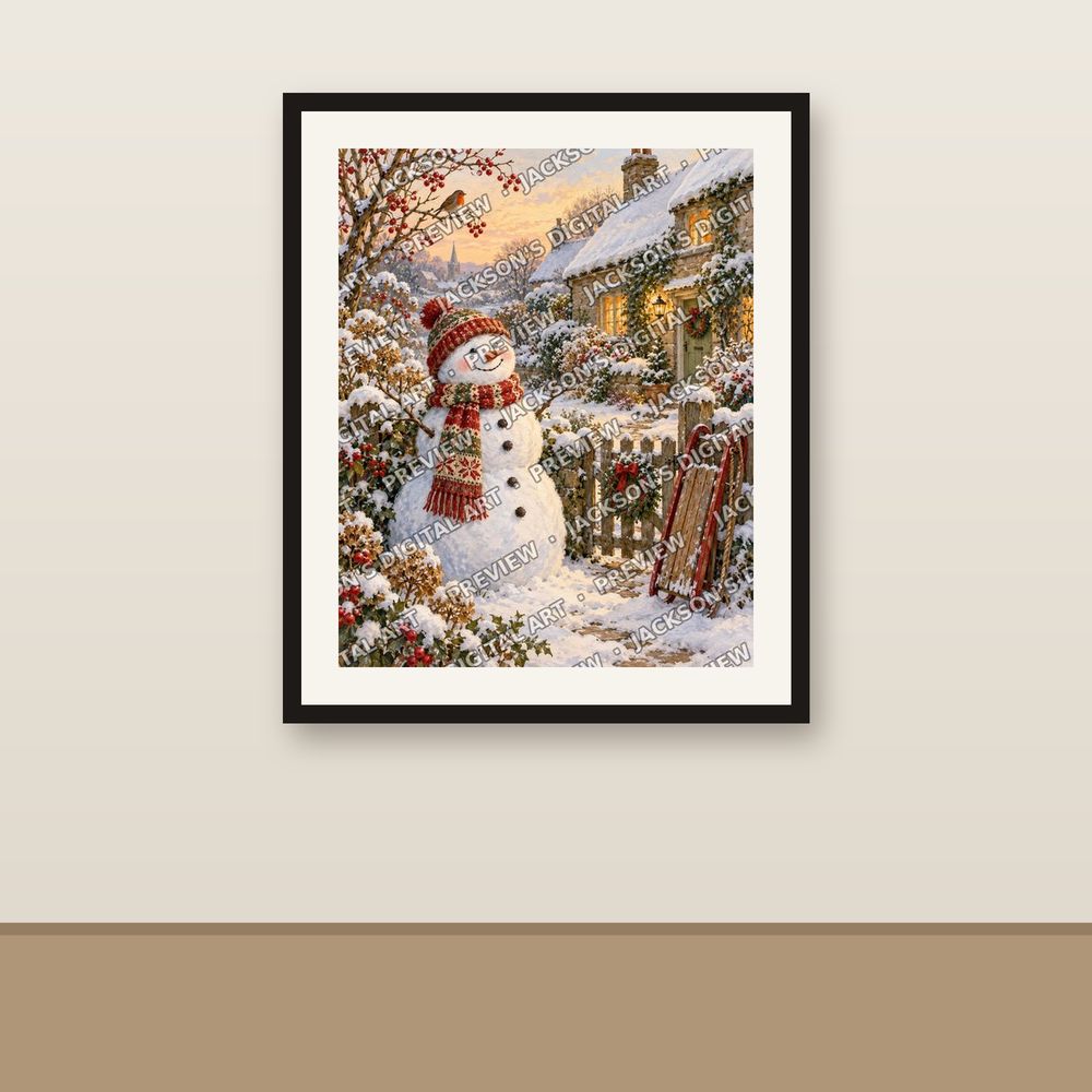 Snowman in the Garden shown framed on a wall