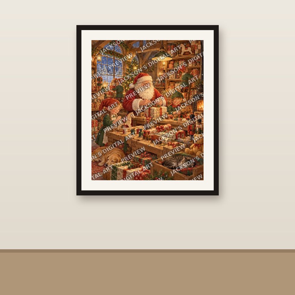 Santa's Workshop shown framed on a wall