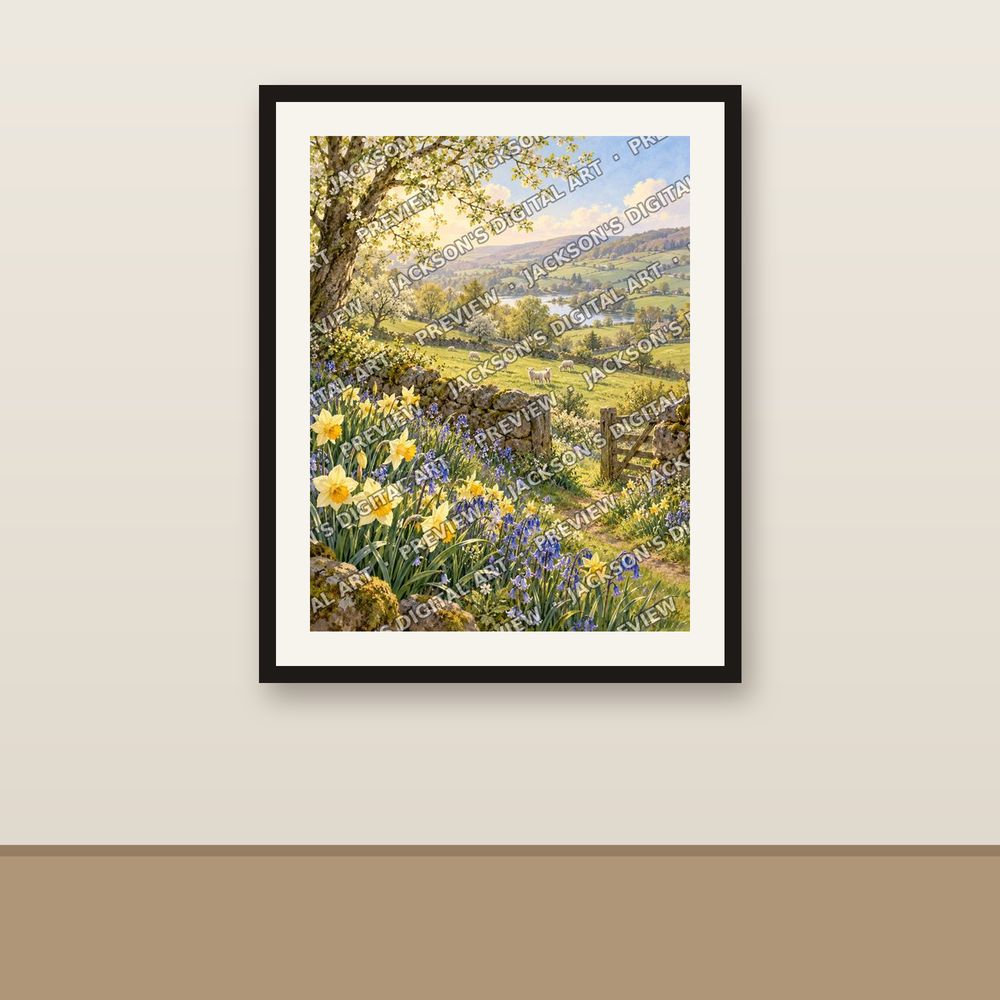 Spring Meadow shown framed on a wall