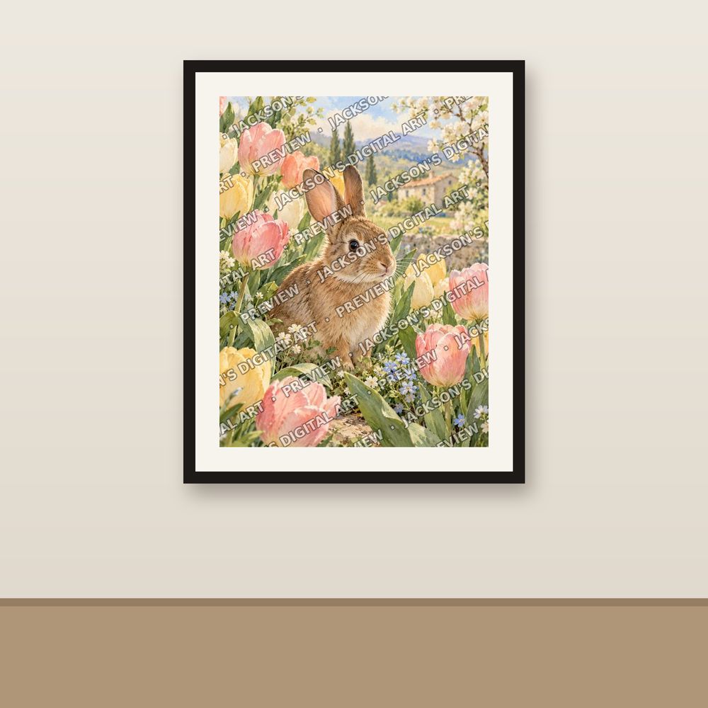 Bunny in the Tulips shown framed on a wall