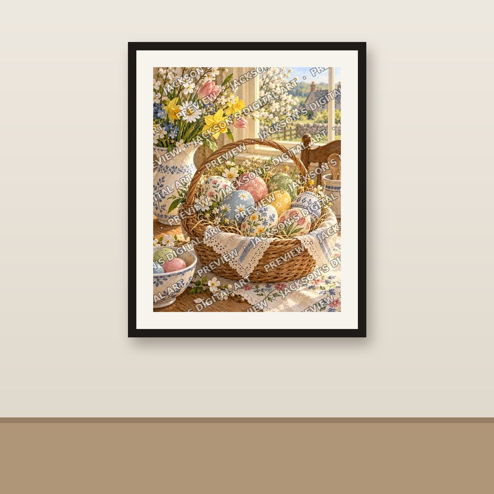 Painted Eggs shown framed on a wall
