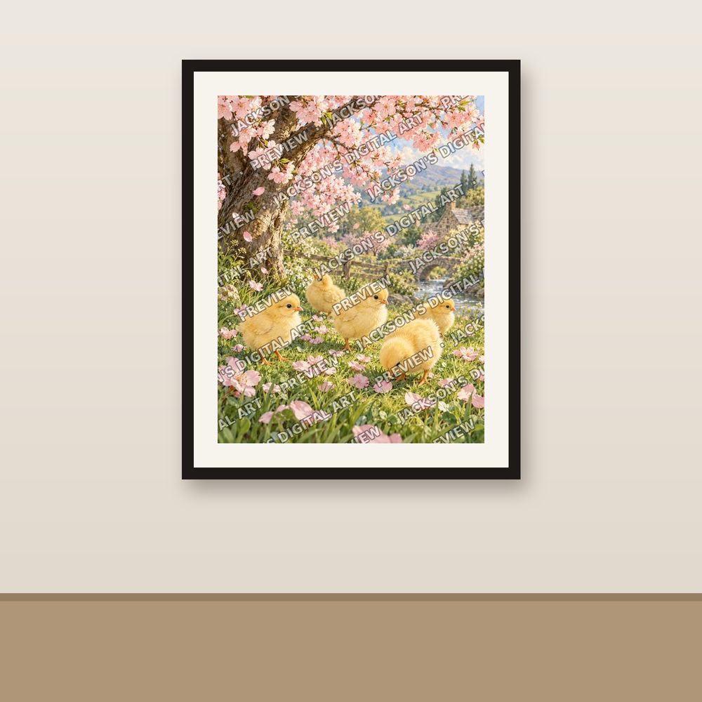 Chicks and Blossom shown framed on a wall