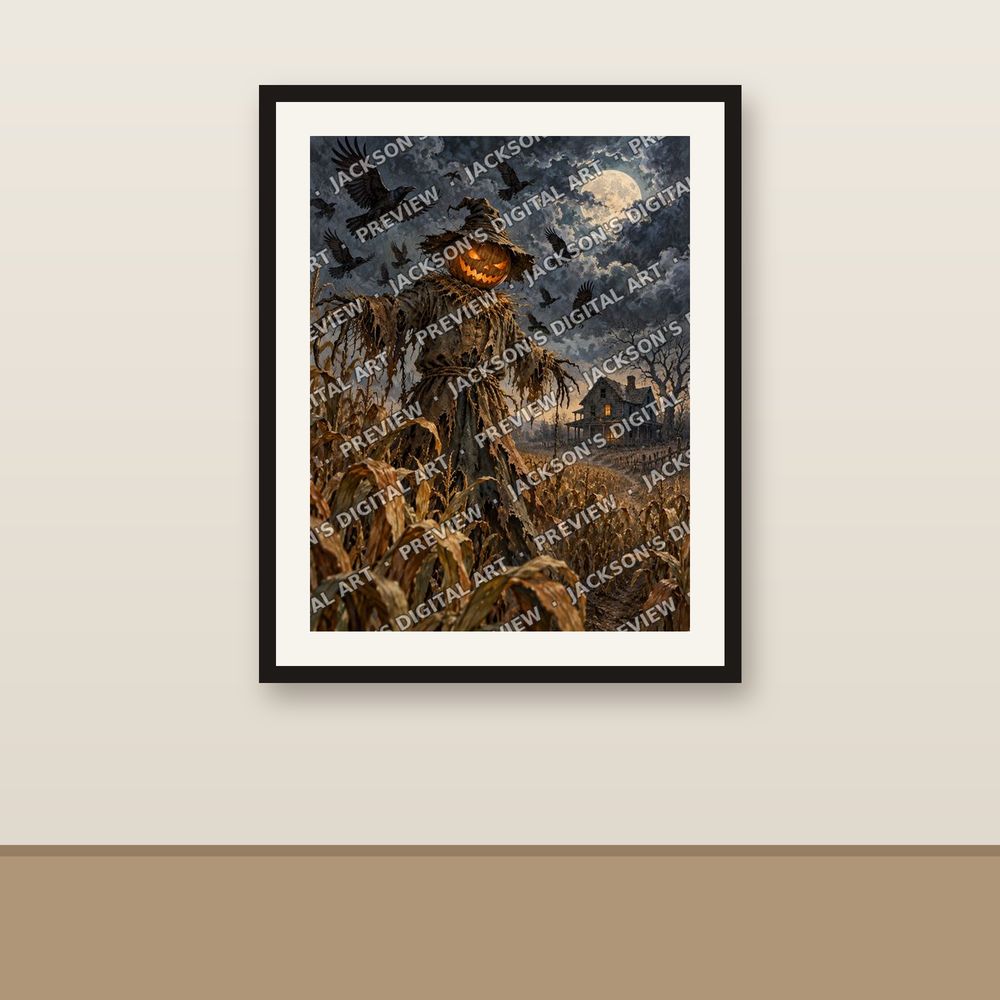 Scarecrow at Midnight shown framed on a wall