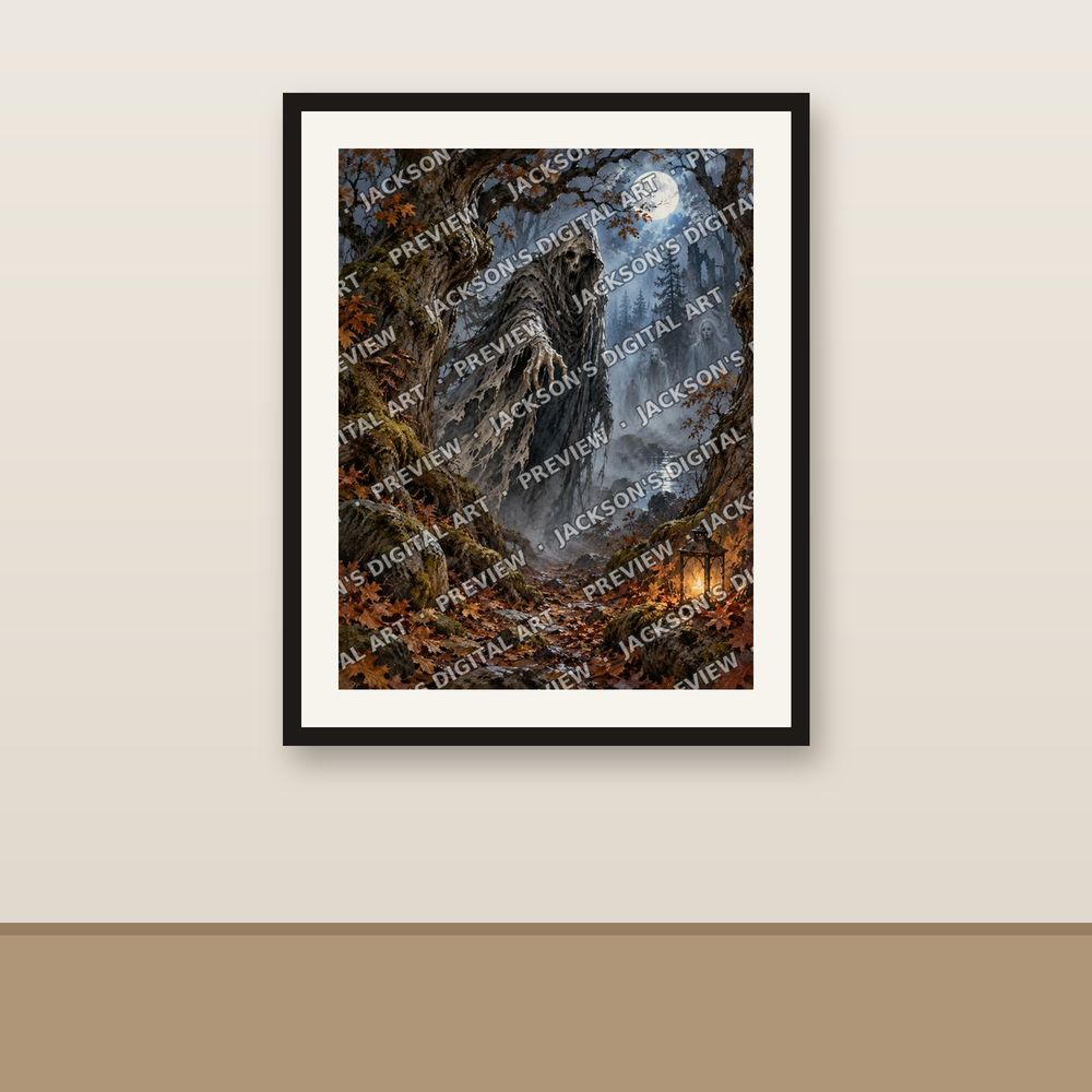 Ghosts in the Forest shown framed on a wall