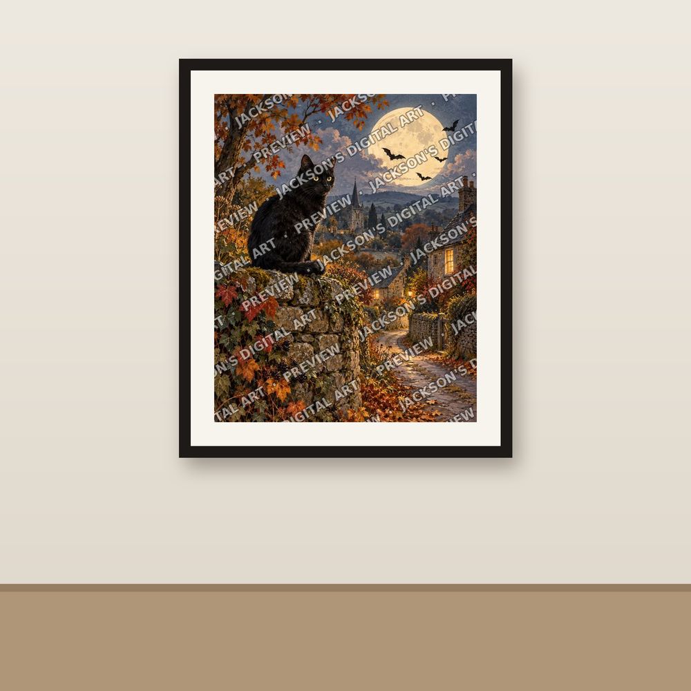 Moonlit Black Cat shown framed on a wall