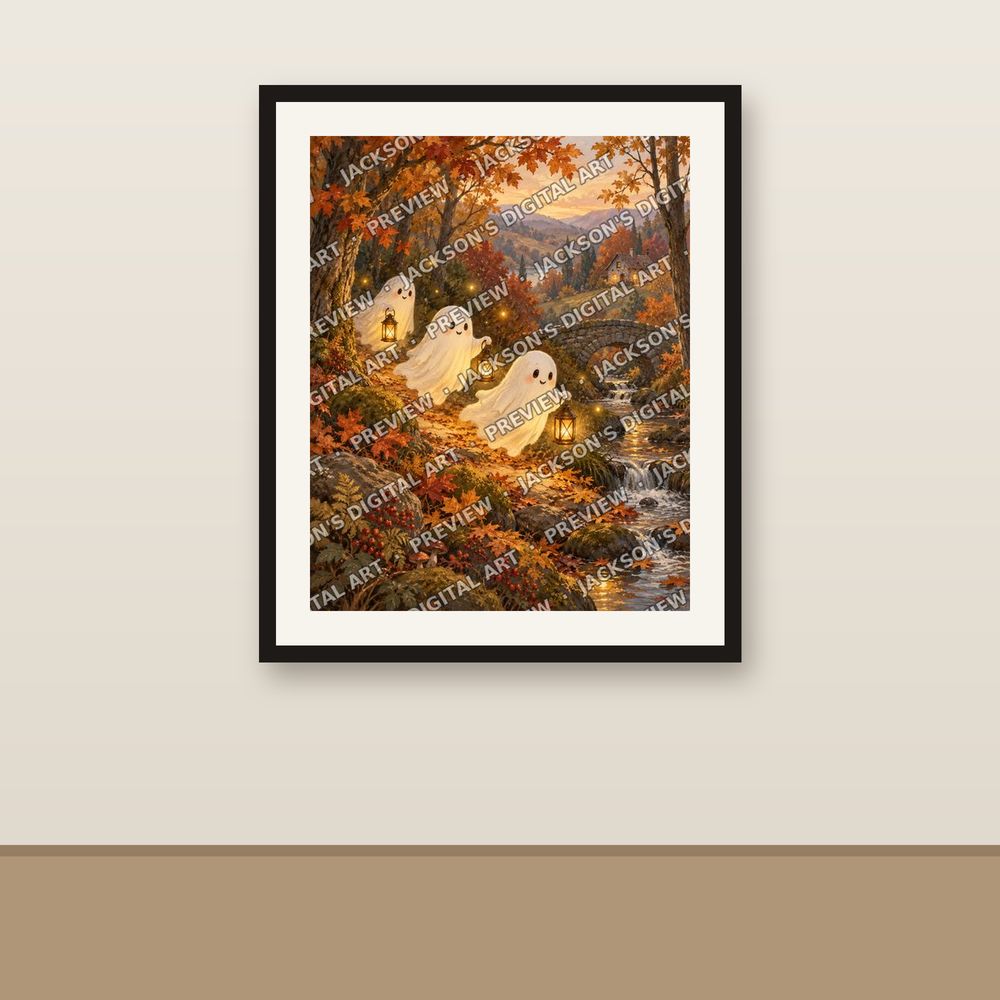 Friendly Ghosts shown framed on a wall