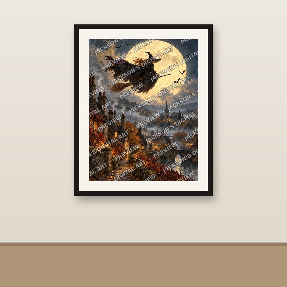 Witch over the Village shown framed on a wall
