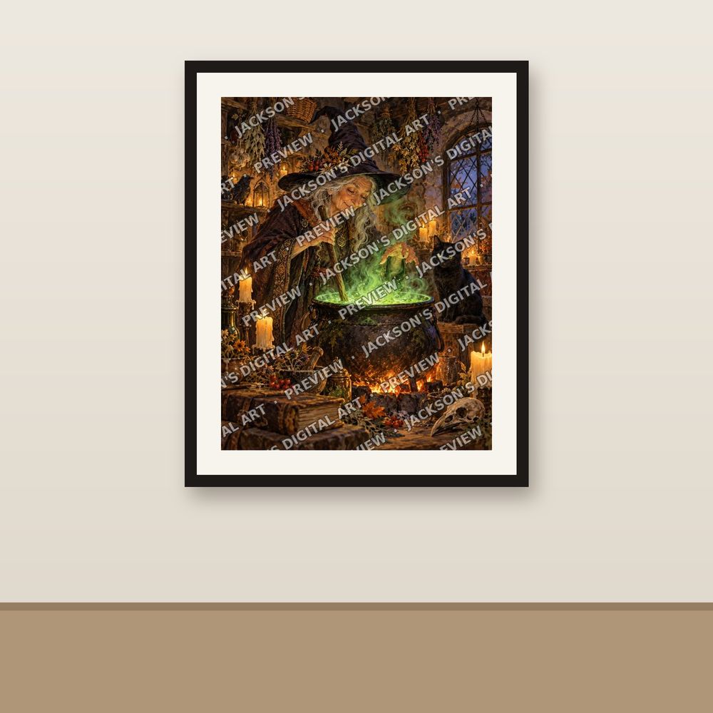 Witch at the Cauldron shown framed on a wall