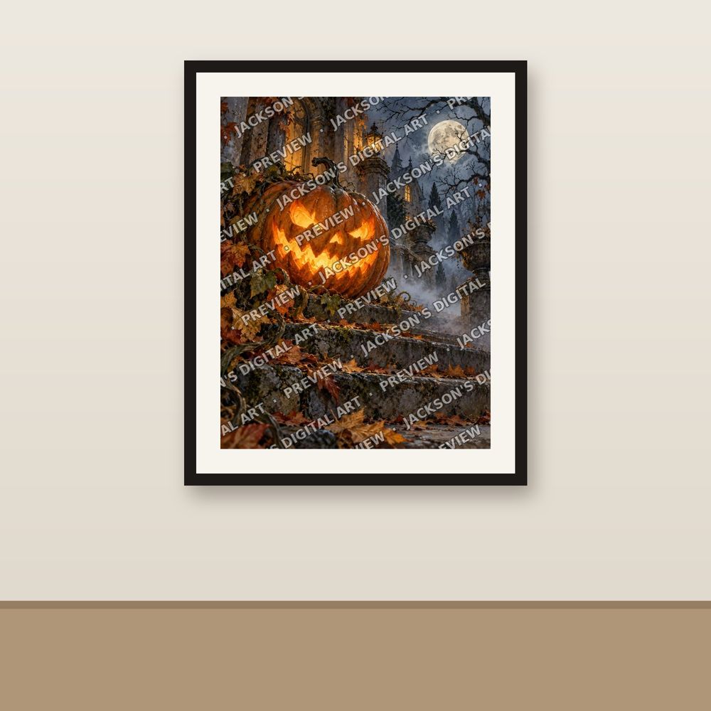 The Glowing Pumpkin shown framed on a wall