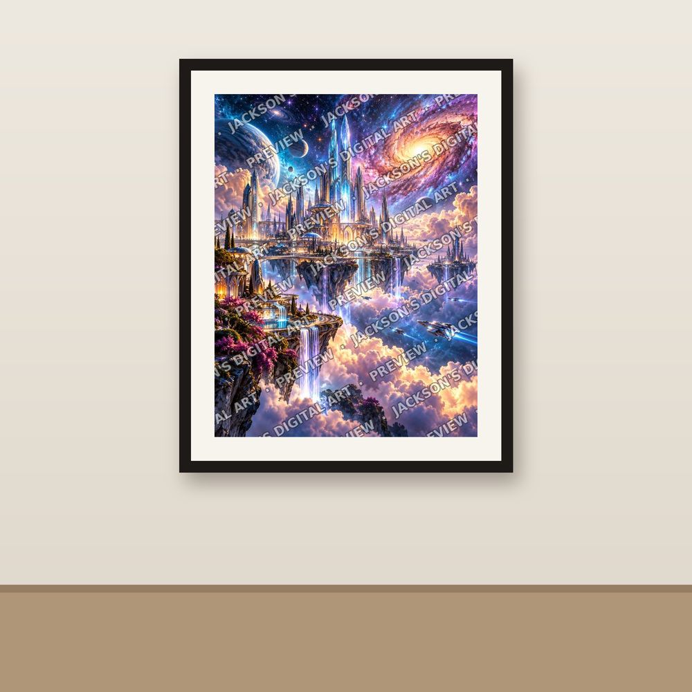 City Above the Clouds shown framed on a wall