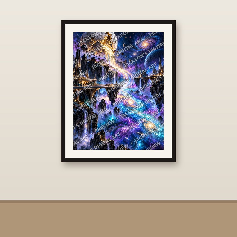 Nebula Waterfall shown framed on a wall