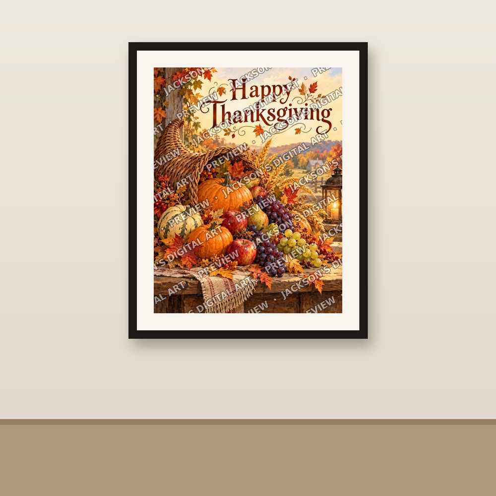 Harvest Cornucopia shown framed on a wall