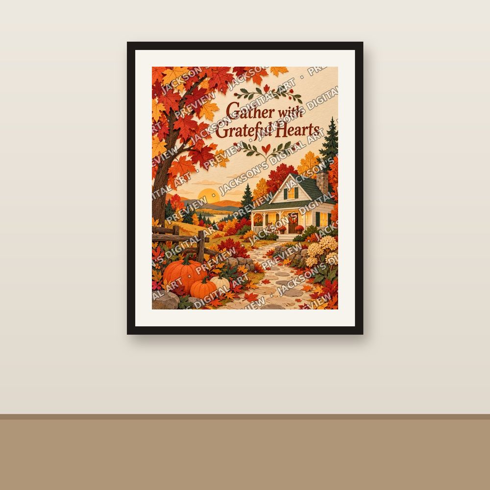 Gather with Grateful Hearts shown framed on a wall
