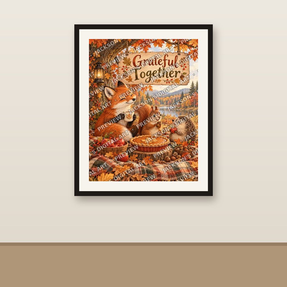 Woodland Thanksgiving shown framed on a wall