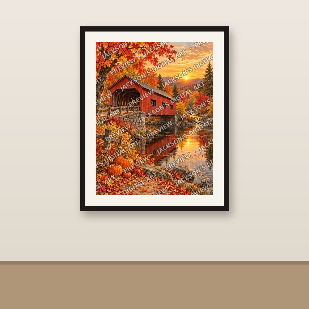Covered Bridge in Autumn shown framed on a wall