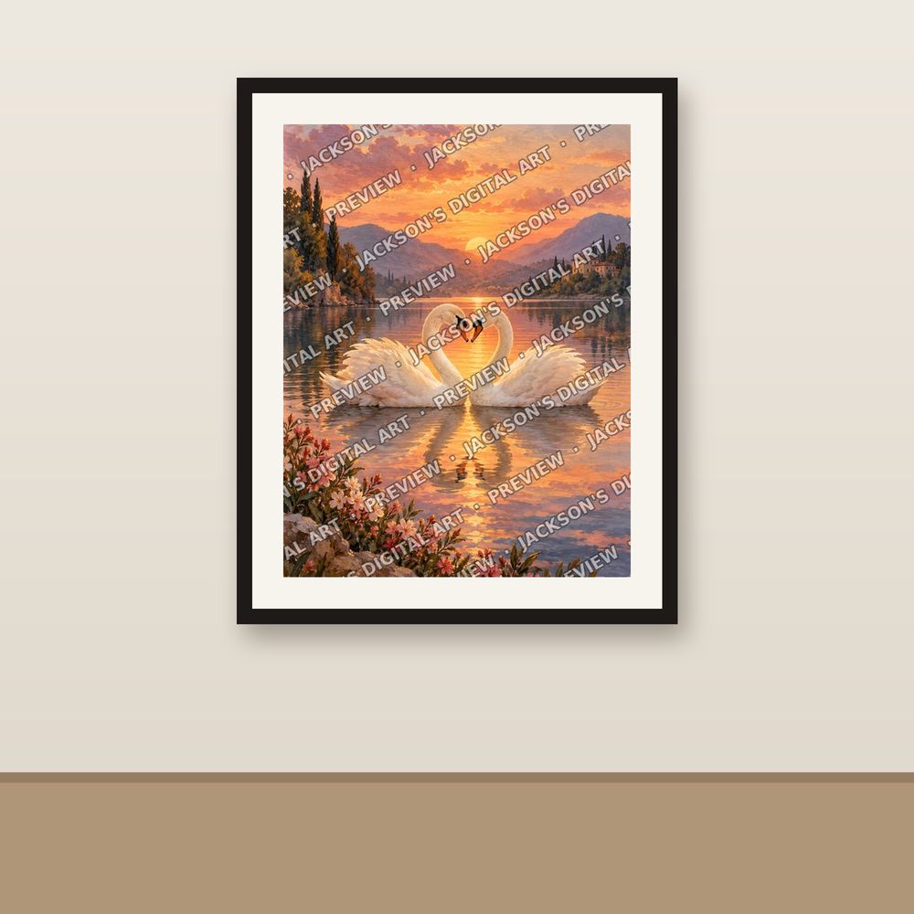Two Swans shown framed on a wall