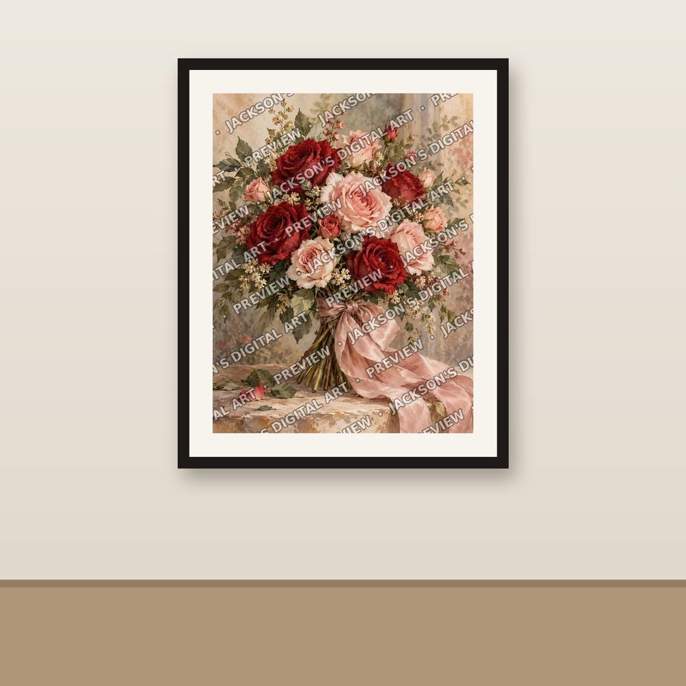 Rose Bouquet shown framed on a wall