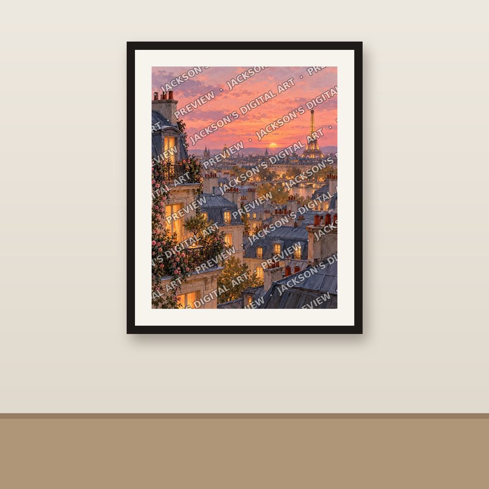 Paris Rooftops shown framed on a wall