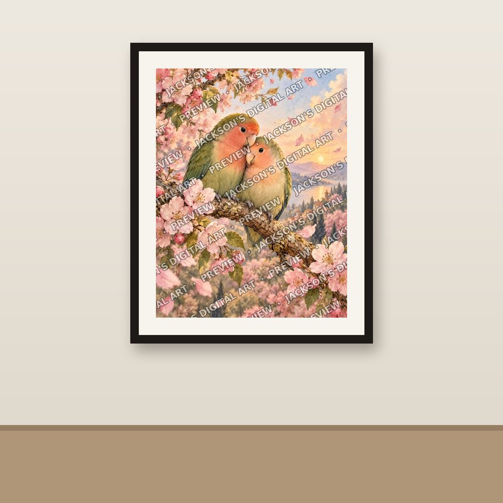 Lovebirds shown framed on a wall