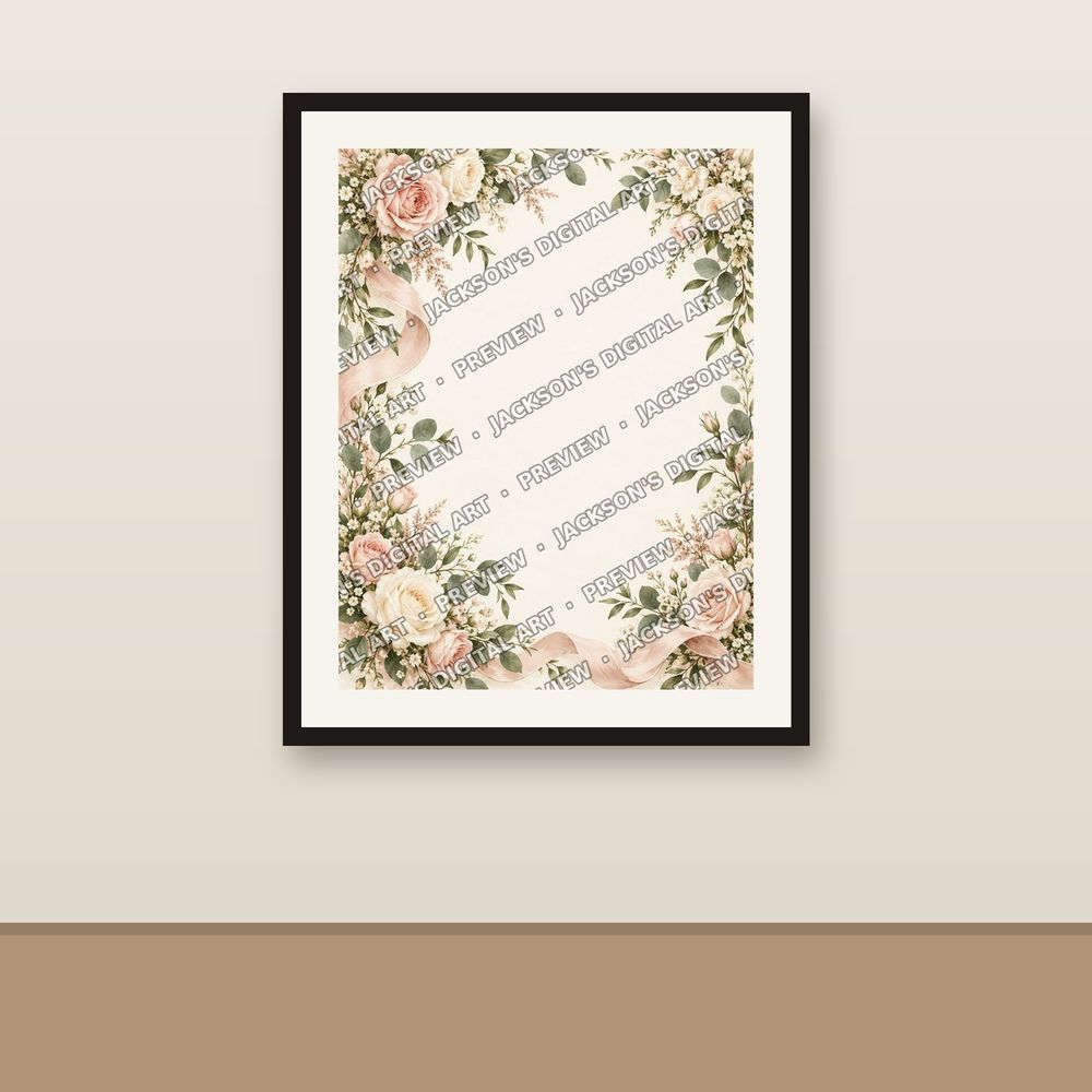 Blush Roses Wedding Invitation shown framed on a wall