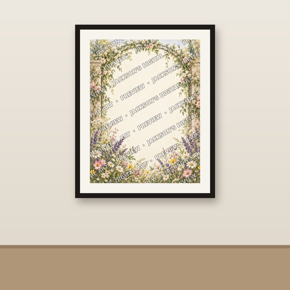 Country Garden Wedding Invitation shown framed on a wall