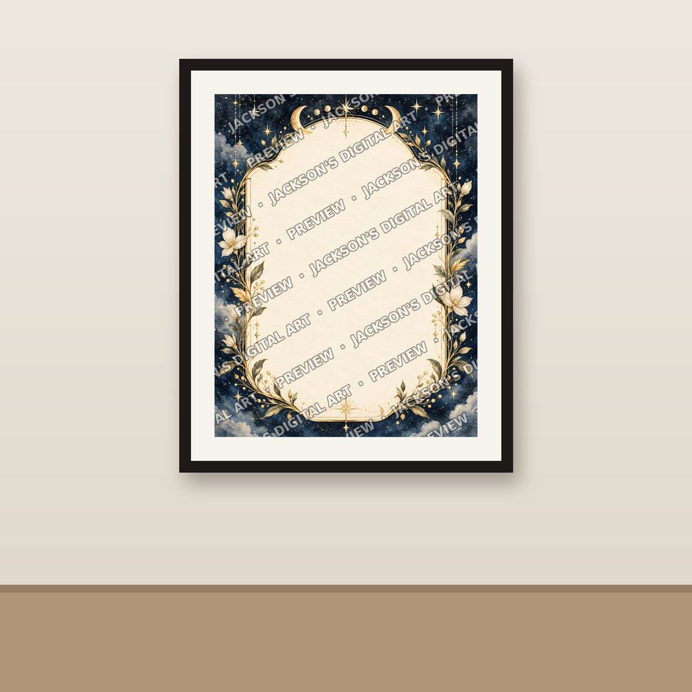 Celestial Gold Wedding Invitation shown framed on a wall