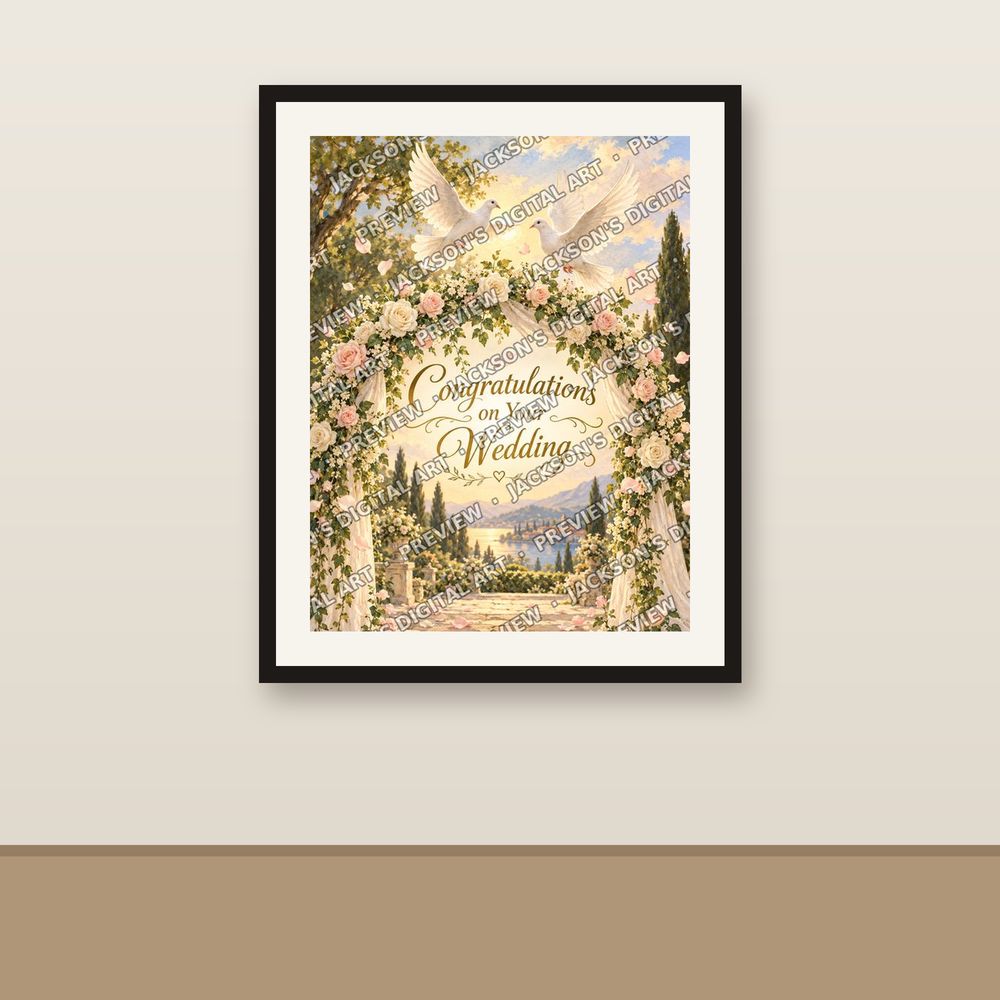 Wedding Doves shown framed on a wall