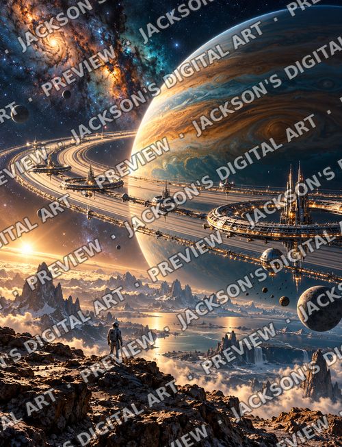 Beyond Jupiter: A lone astronaut gazes from a rocky ridge at a gas giant ringed with space stations, a galaxy blazing in the sky.